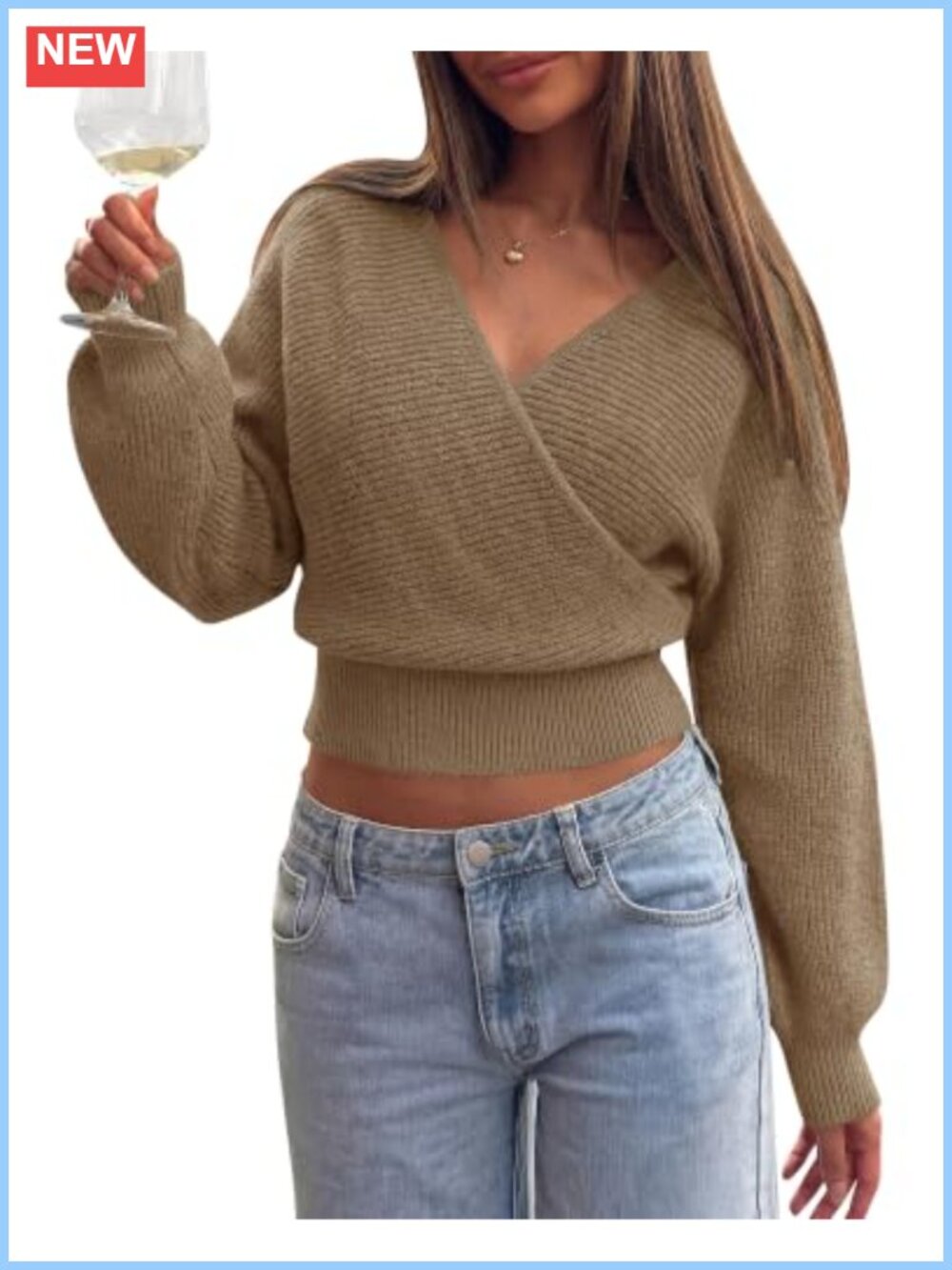 Ribbed Knit V Neck Wrap Cross Front Sweater Long Sleeve Pullover